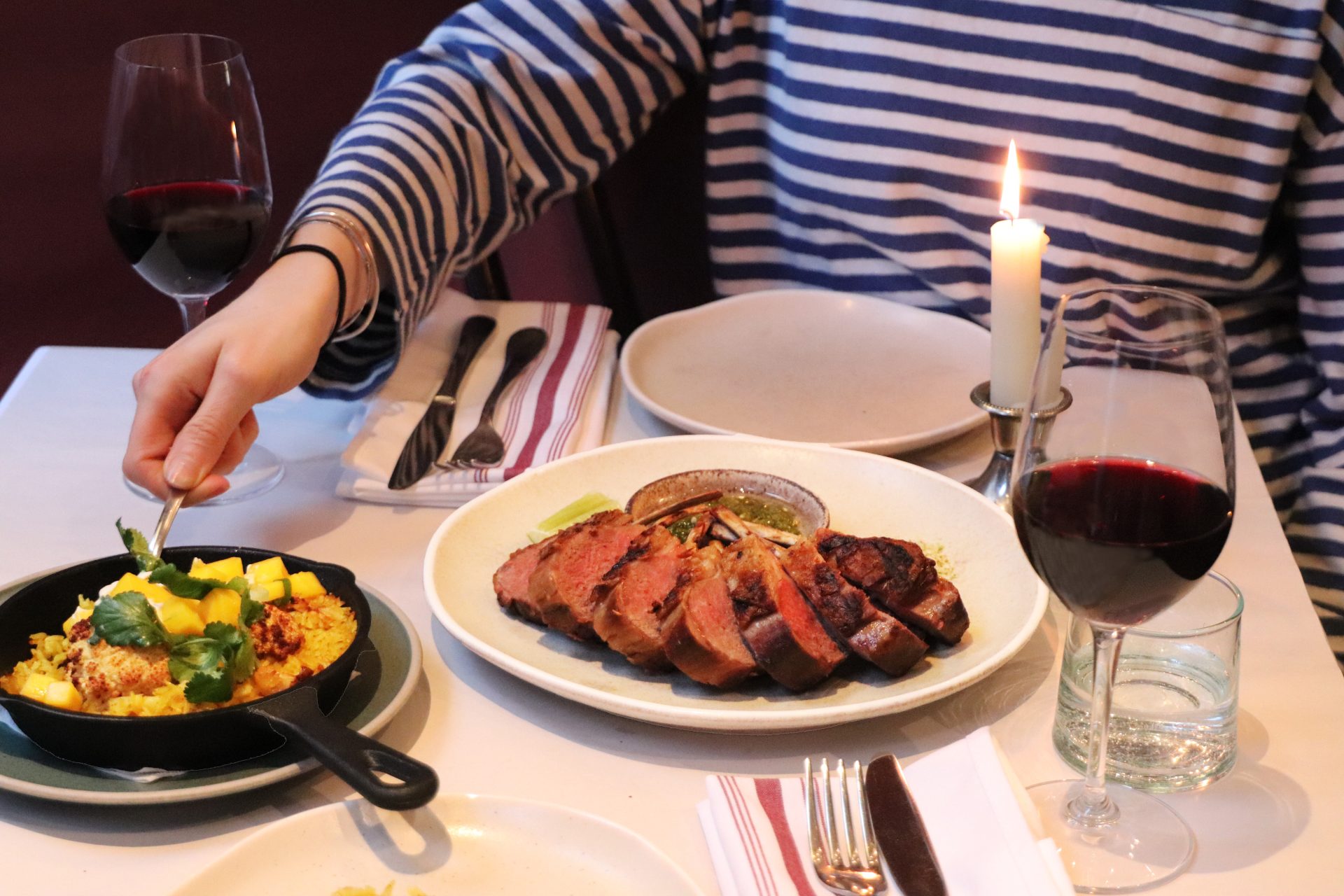 Lamb chops and wine at Honey & Co. Great Portland